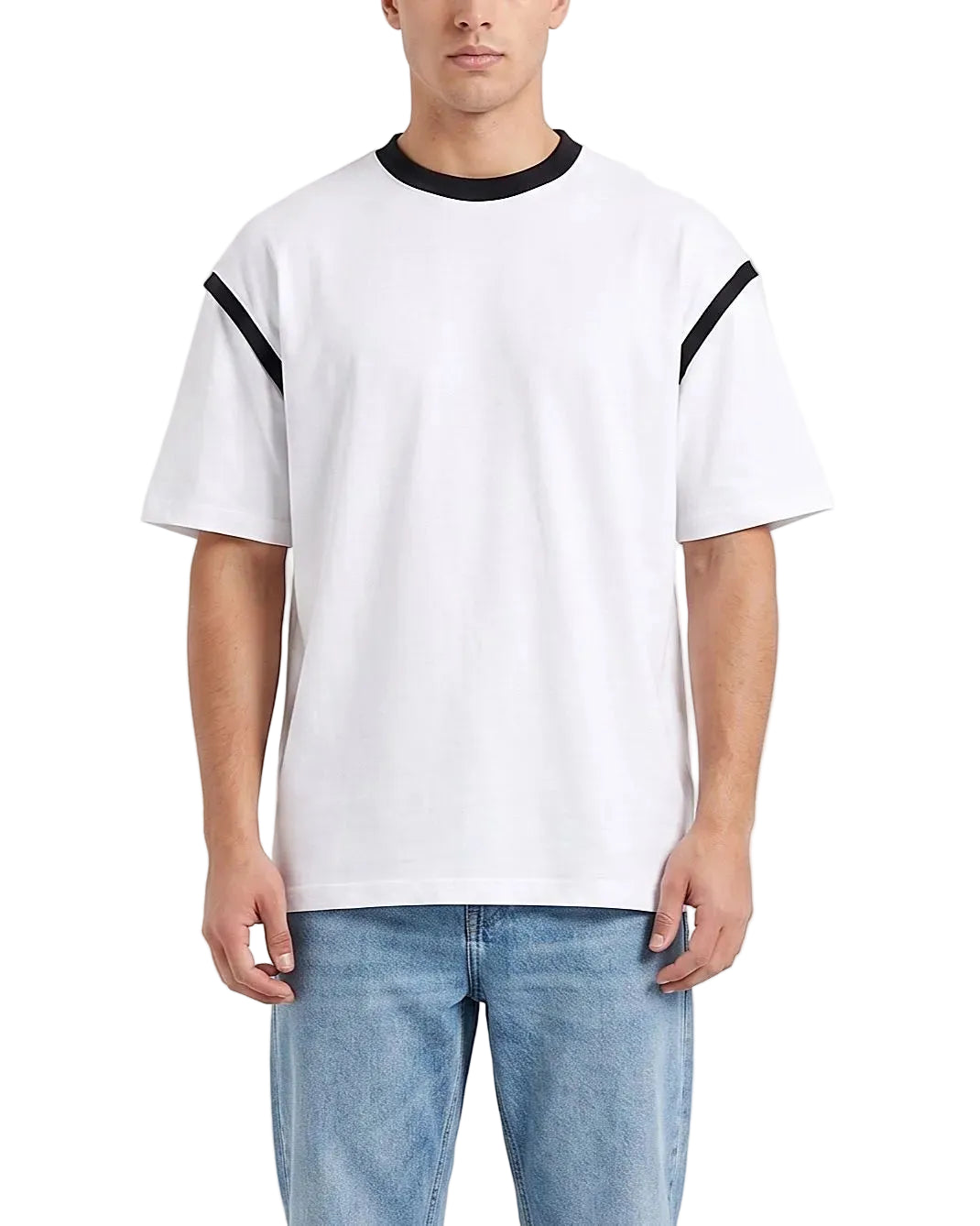 Front view of a men's 100% cotton oversized t-shirt featuring contrasting shoulder piping by TREE.
