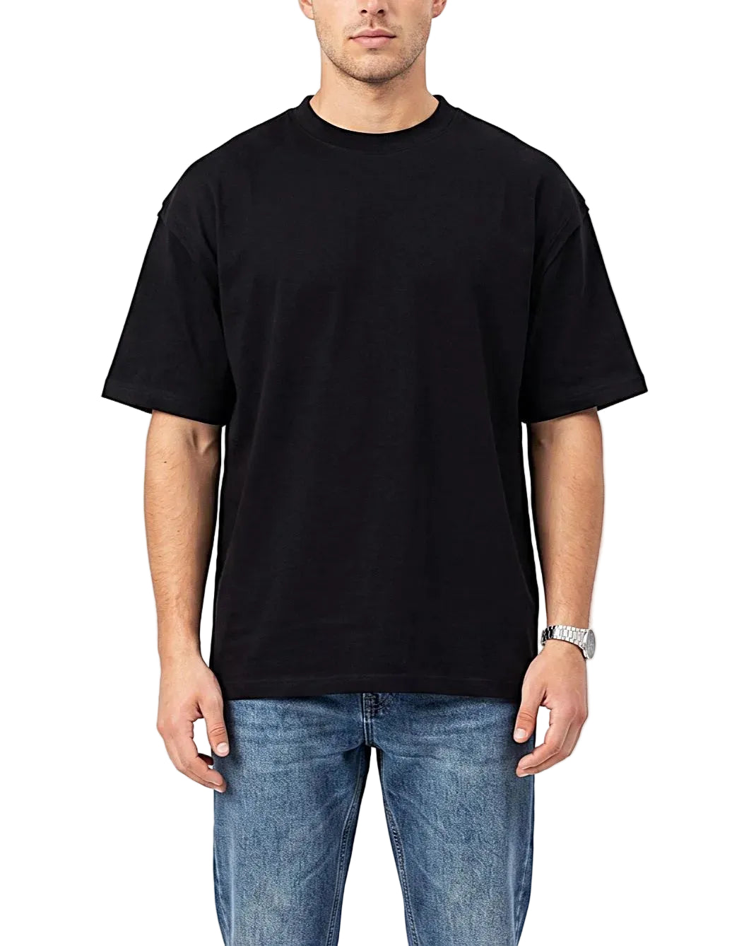 Front view of a men's 100% cotton oversized t-shirt featuring contrasting shoulder piping by TREE.