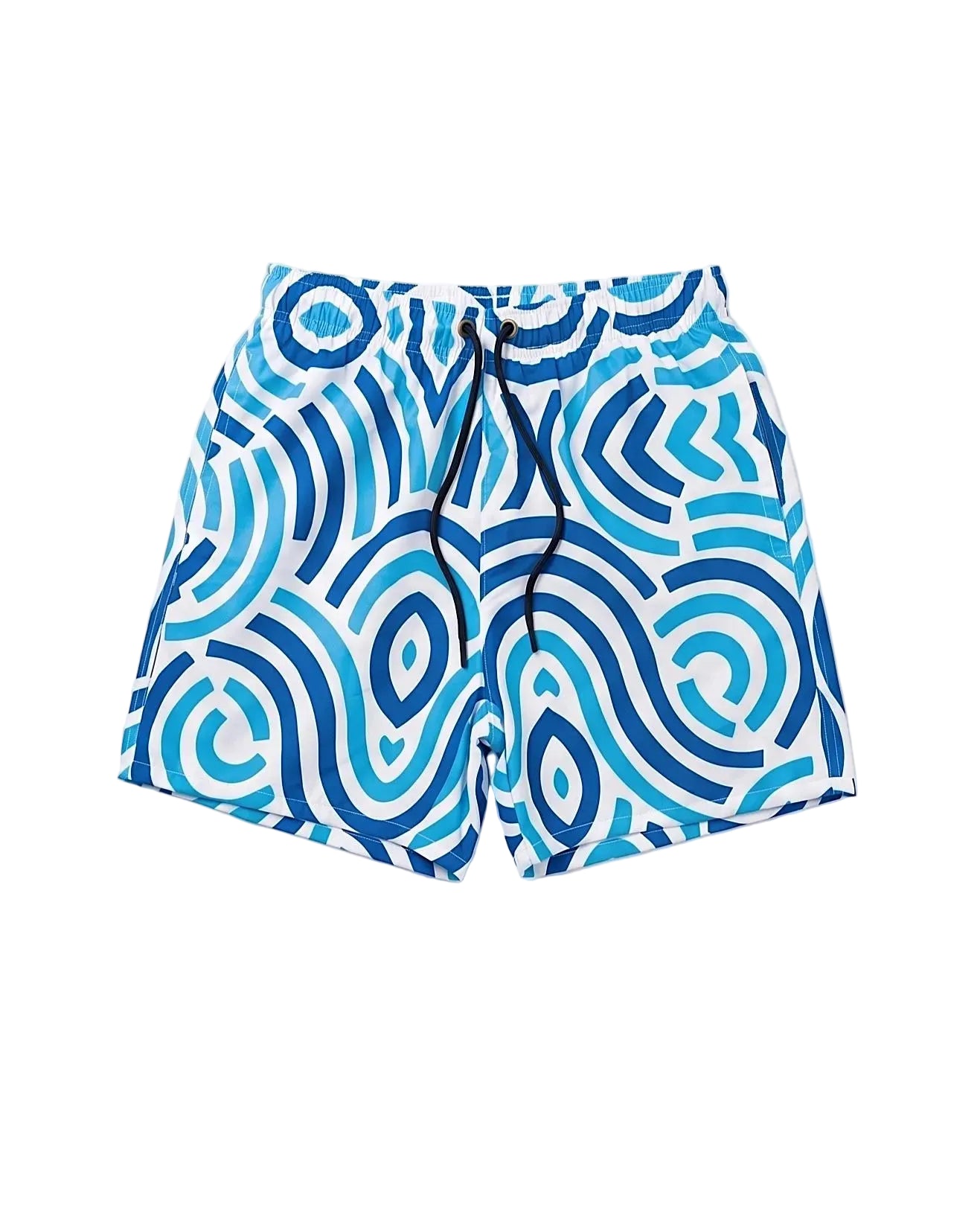 Front view of a kids' printed blue and white 100% polyester swim shorts in a relaxed fit by TREE.