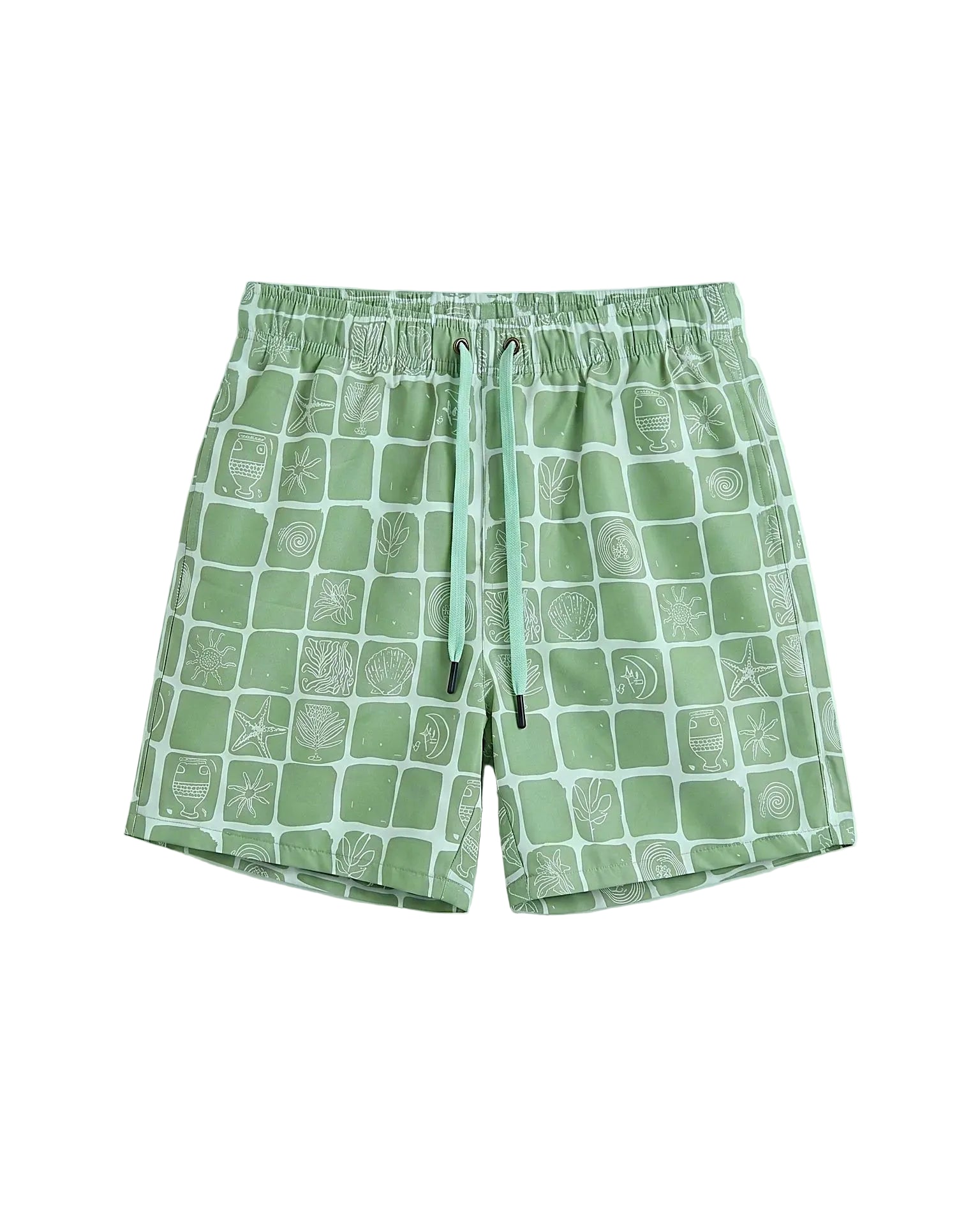 Front view of a men's printed green 100% polyester swim shorts in a relaxed fit by TREE.