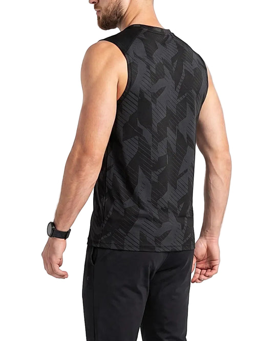 Front view of a men's printed black and grey geometric athletic tank top in a regular fit by TREE.