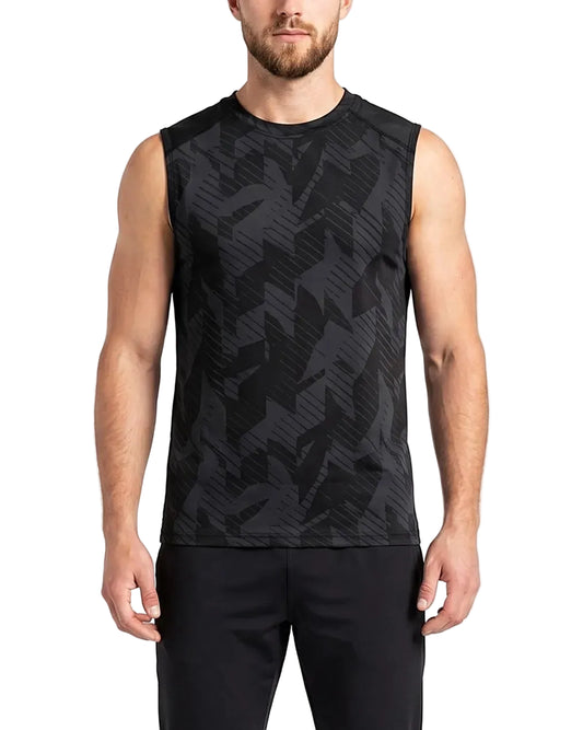 Front view of a men's printed black and grey geometric athletic tank top in a regular fit by TREE.