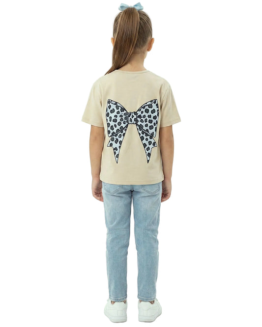 Back view of a girls' beige regular-fit t-shirt featuring a large leopard-print bow graphic on the back by TREE.