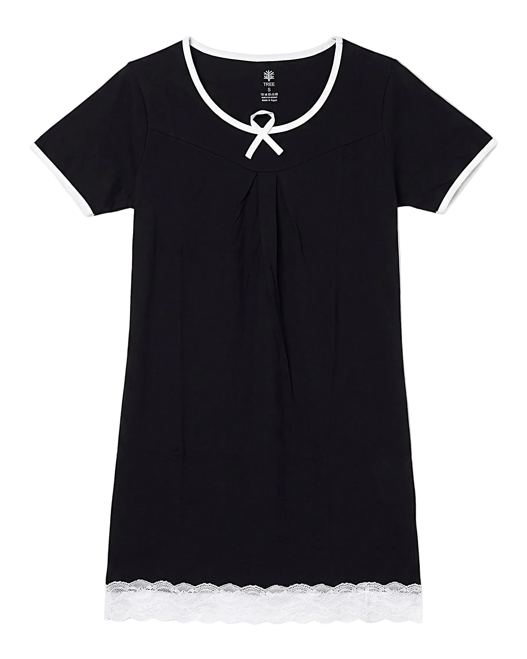 Front view of a women's black 100% cotton nightshirt in a relaxed fit featuring white lace hem and contrast trim by TREE.