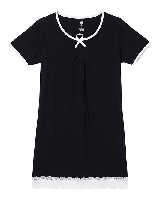 Front view of a women's black 100% cotton nightshirt in a relaxed fit featuring white lace hem and contrast trim by TREE.