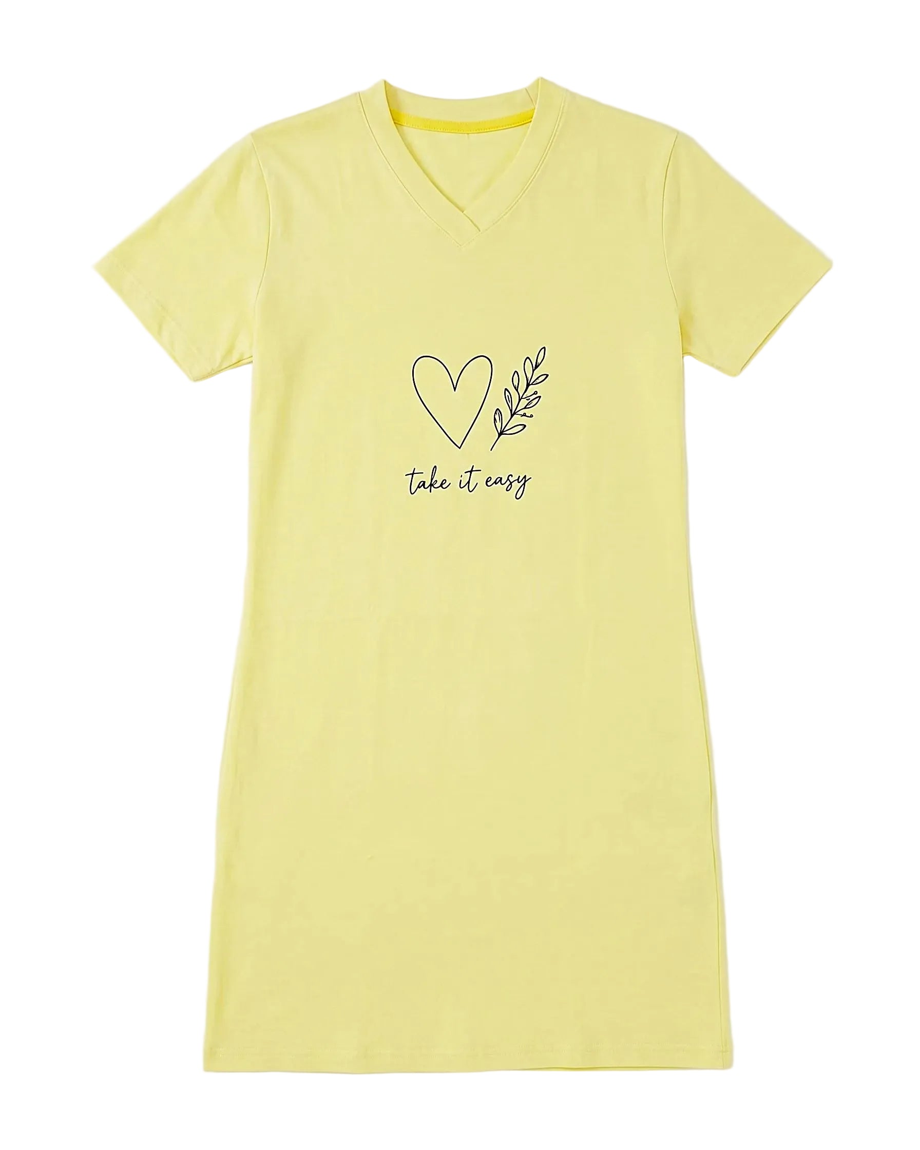 Front view of a women's slate (dusty pink) V-neck cotton blend nightshirt featuring a "Take It Easy" print by TREE.