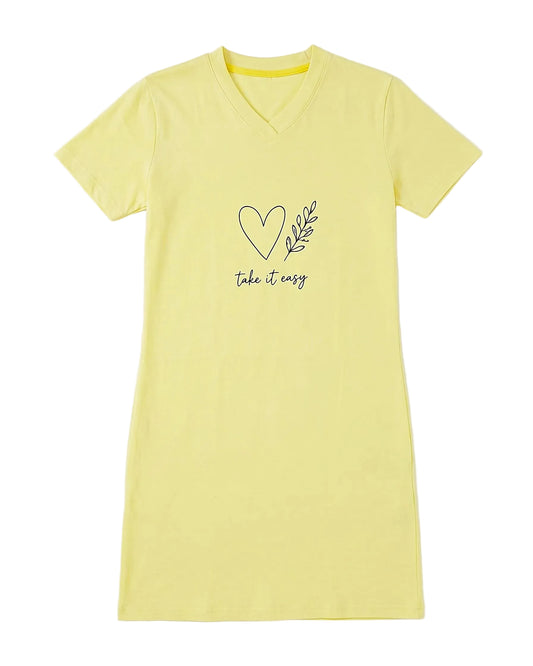 Front view of a women's slate (dusty pink) V-neck cotton blend nightshirt featuring a "Take It Easy" print by TREE.