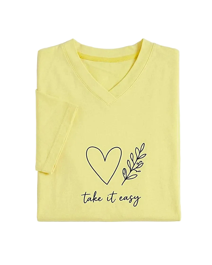 Front view of a women's slate (dusty pink) V-neck cotton blend nightshirt featuring a "Take It Easy" print by TREE.