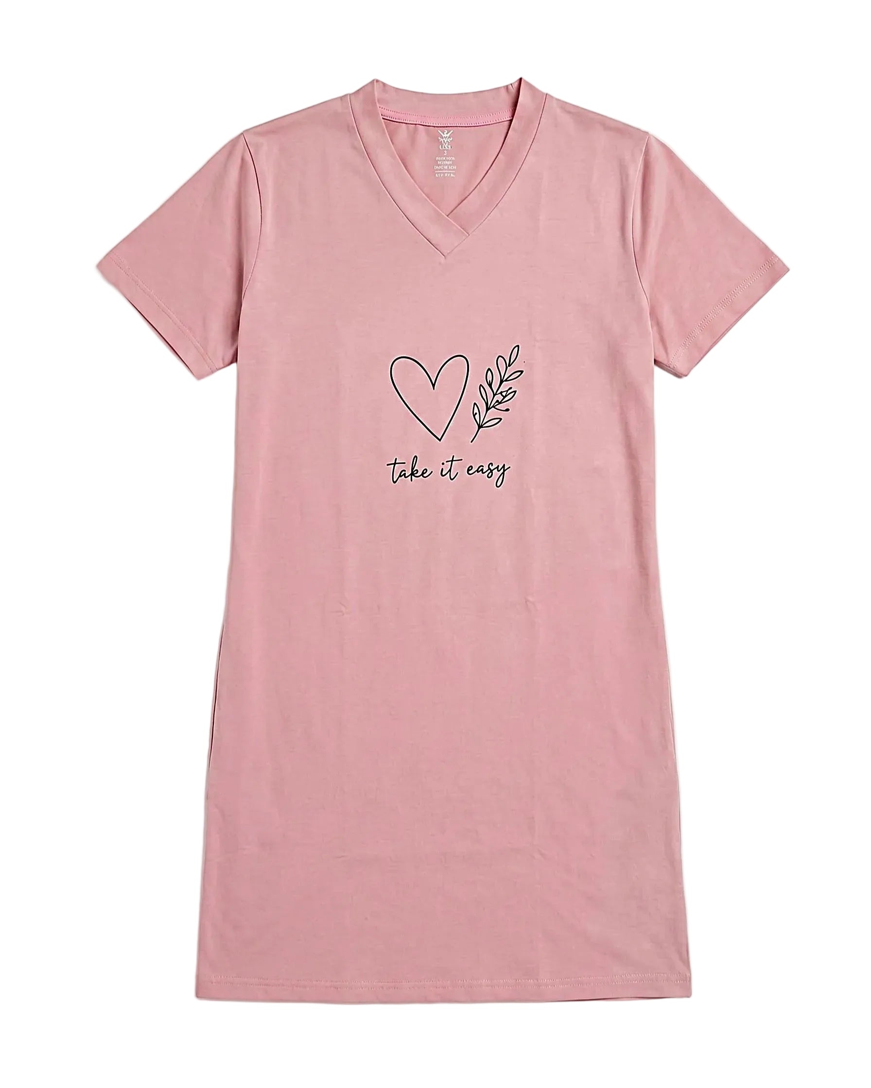 Front view of a women's slate (dusty pink) V-neck cotton blend nightshirt featuring a "Take It Easy" print by TREE.