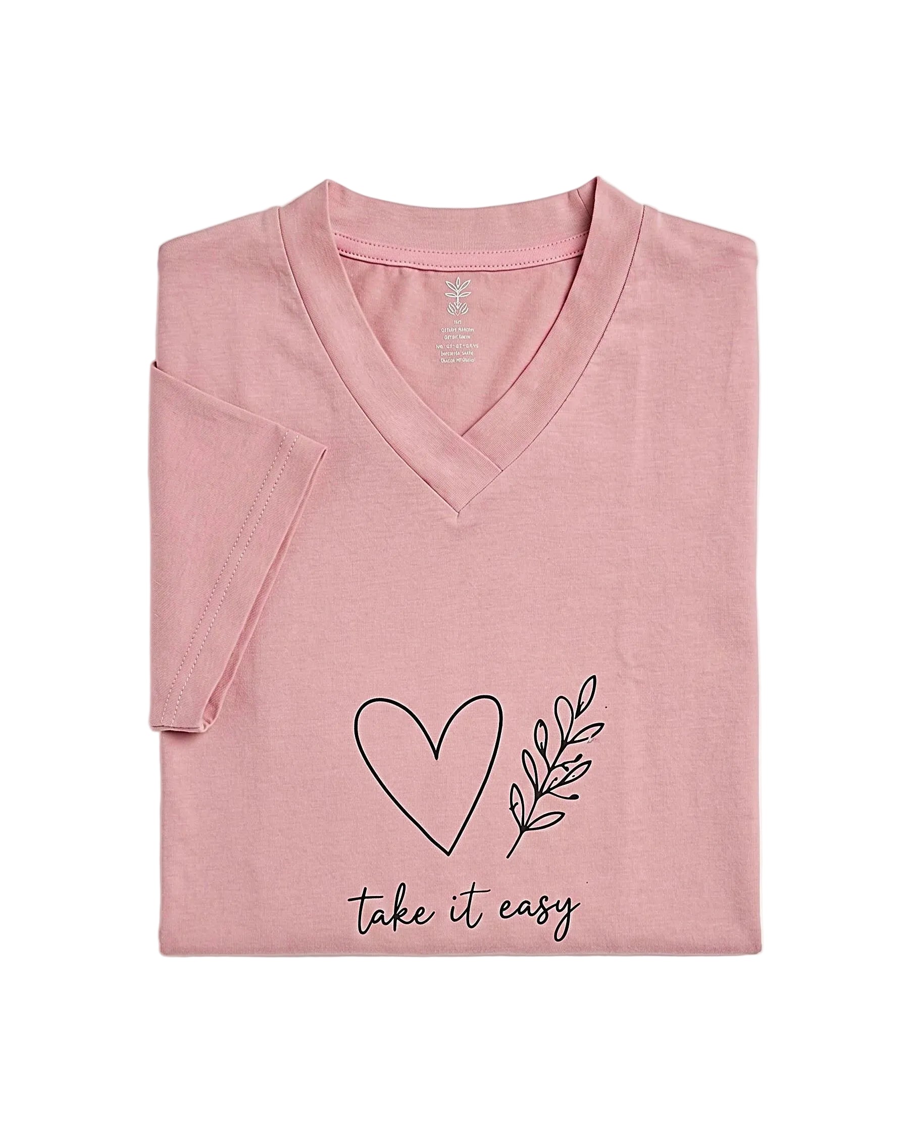 Front view of a women's slate (dusty pink) V-neck cotton blend nightshirt featuring a "Take It Easy" print by TREE.