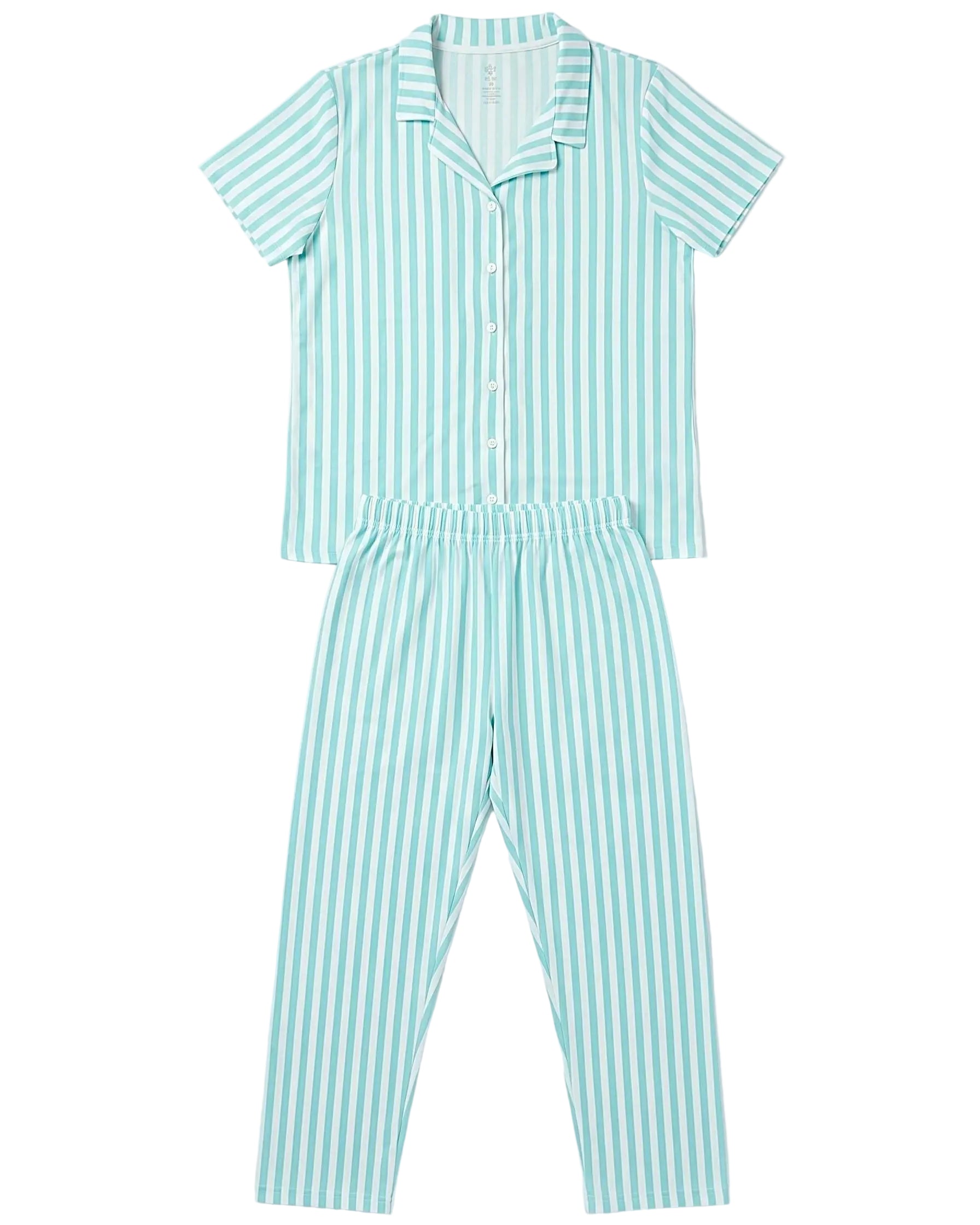 Front view of a women's turquoise and white striped pajama set featuring a 4-button camp collar top and pants by TREE.