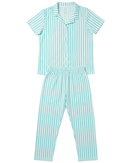 Front view of a women's turquoise and white striped pajama set featuring a 4-button camp collar top and pants by TREE.