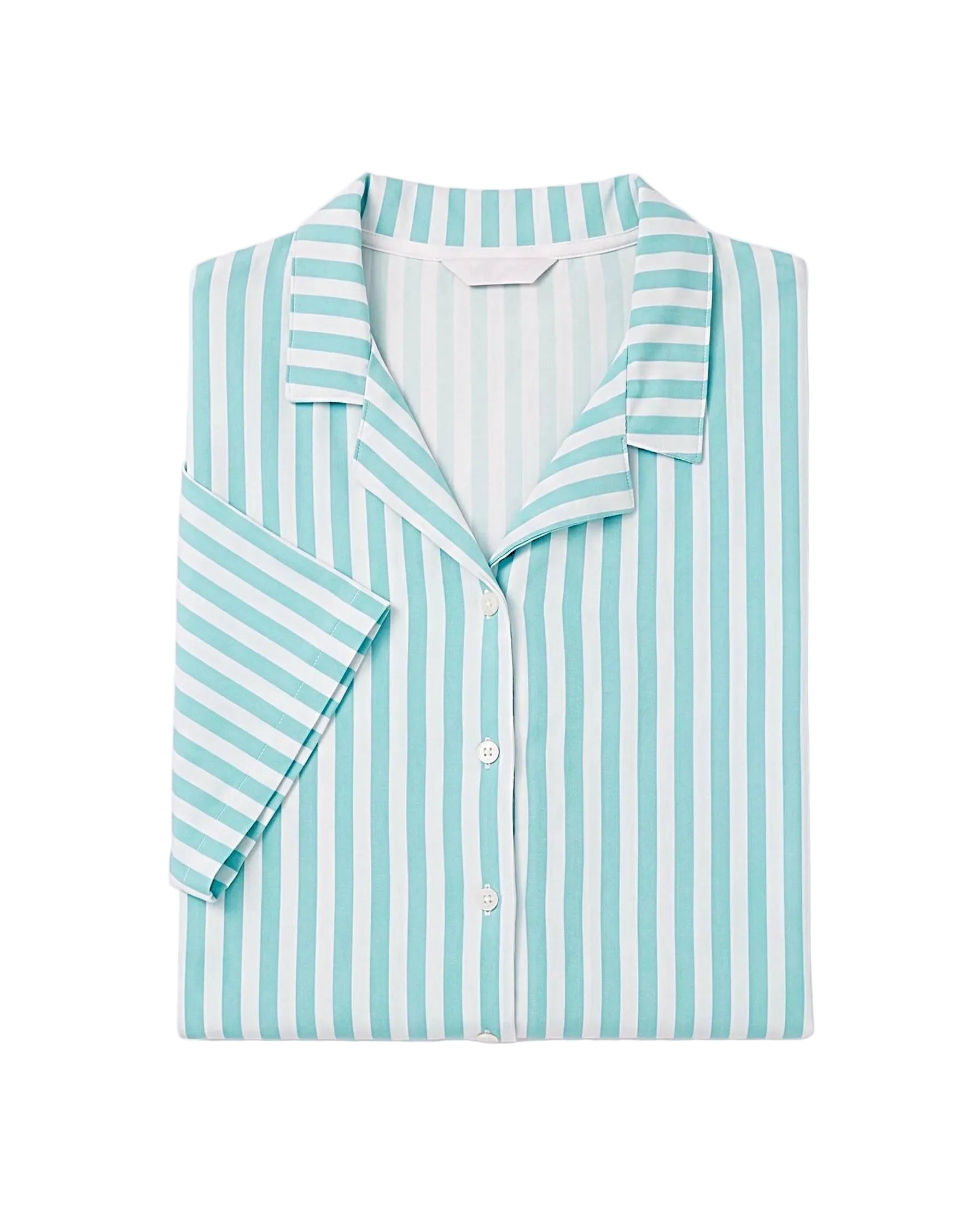 Front view of a women's turquoise and white striped pajama set featuring a 4-button camp collar top and pants by TREE.