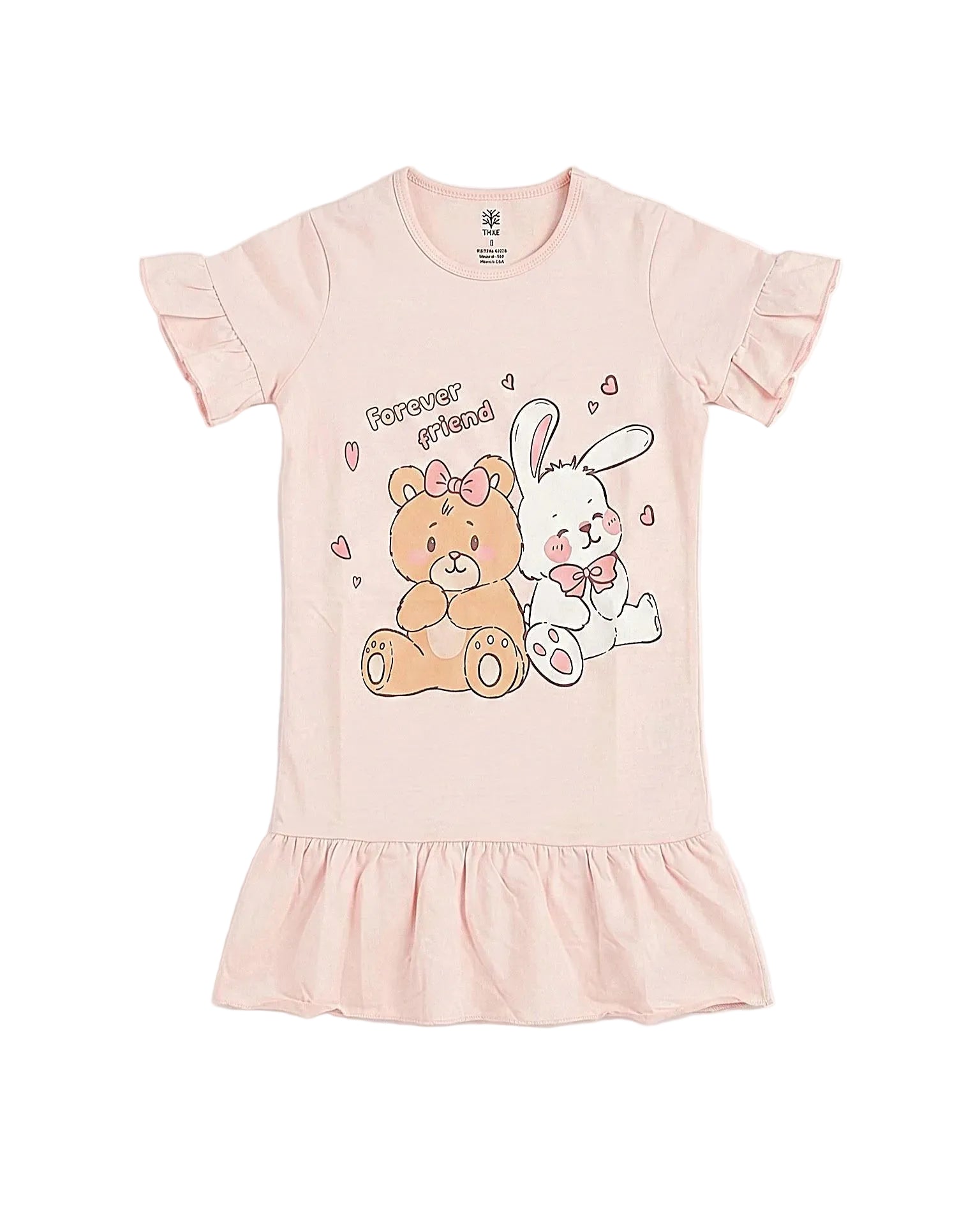 Front view of a girls' pink cotton blend nightshirt featuring a "Forever Friend" print and ruffled hem by TREE.