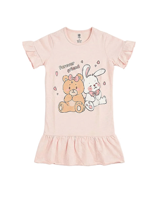 Front view of a girls' pink cotton blend nightshirt featuring a "Forever Friend" print and ruffled hem by TREE.