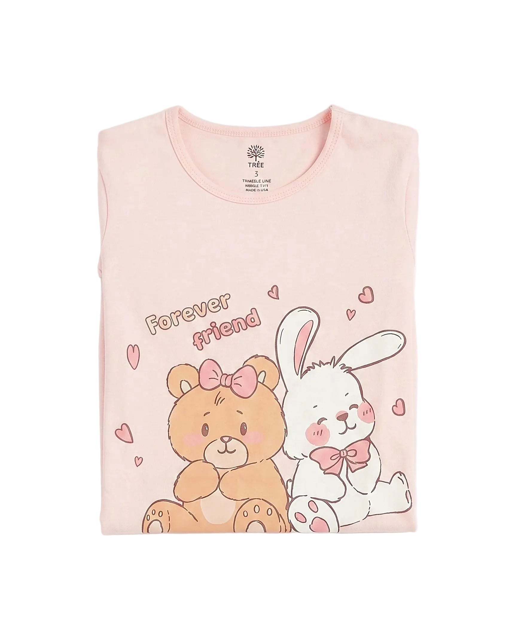 Front view of a girls' pink cotton blend nightshirt featuring a "Forever Friend" print and ruffled hem by TREE.