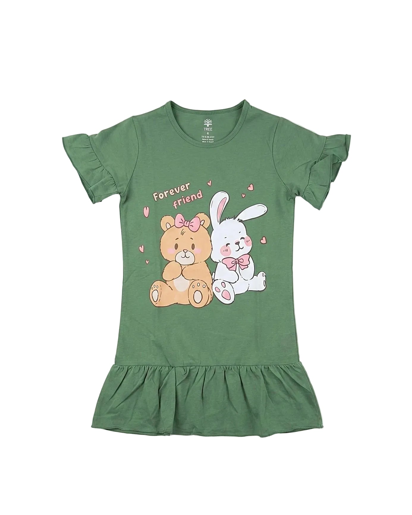 Front view of a girls' pink cotton blend nightshirt featuring a "Forever Friend" print and ruffled hem by TREE.