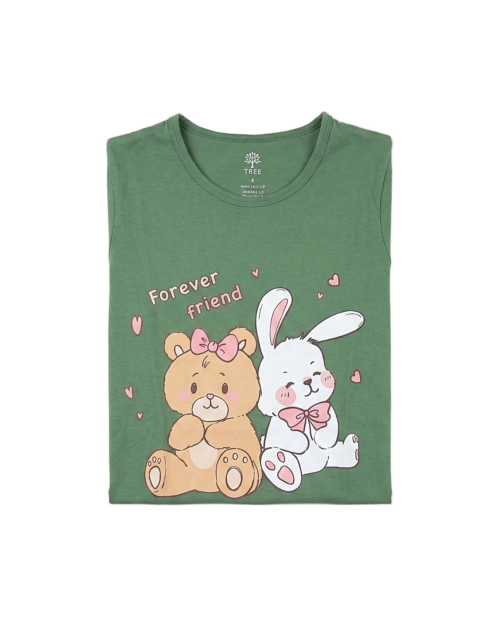 Front view of a girls' pink cotton blend nightshirt featuring a "Forever Friend" print and ruffled hem by TREE.