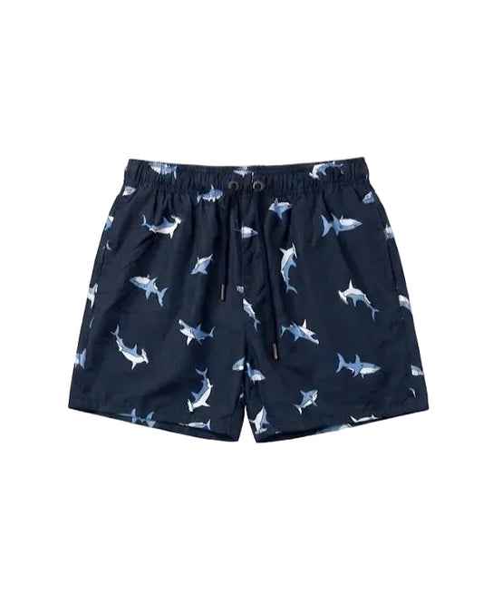 Front view of a men's shark print dark navy 100% polyester swim shorts in a relaxed fit by TREE.