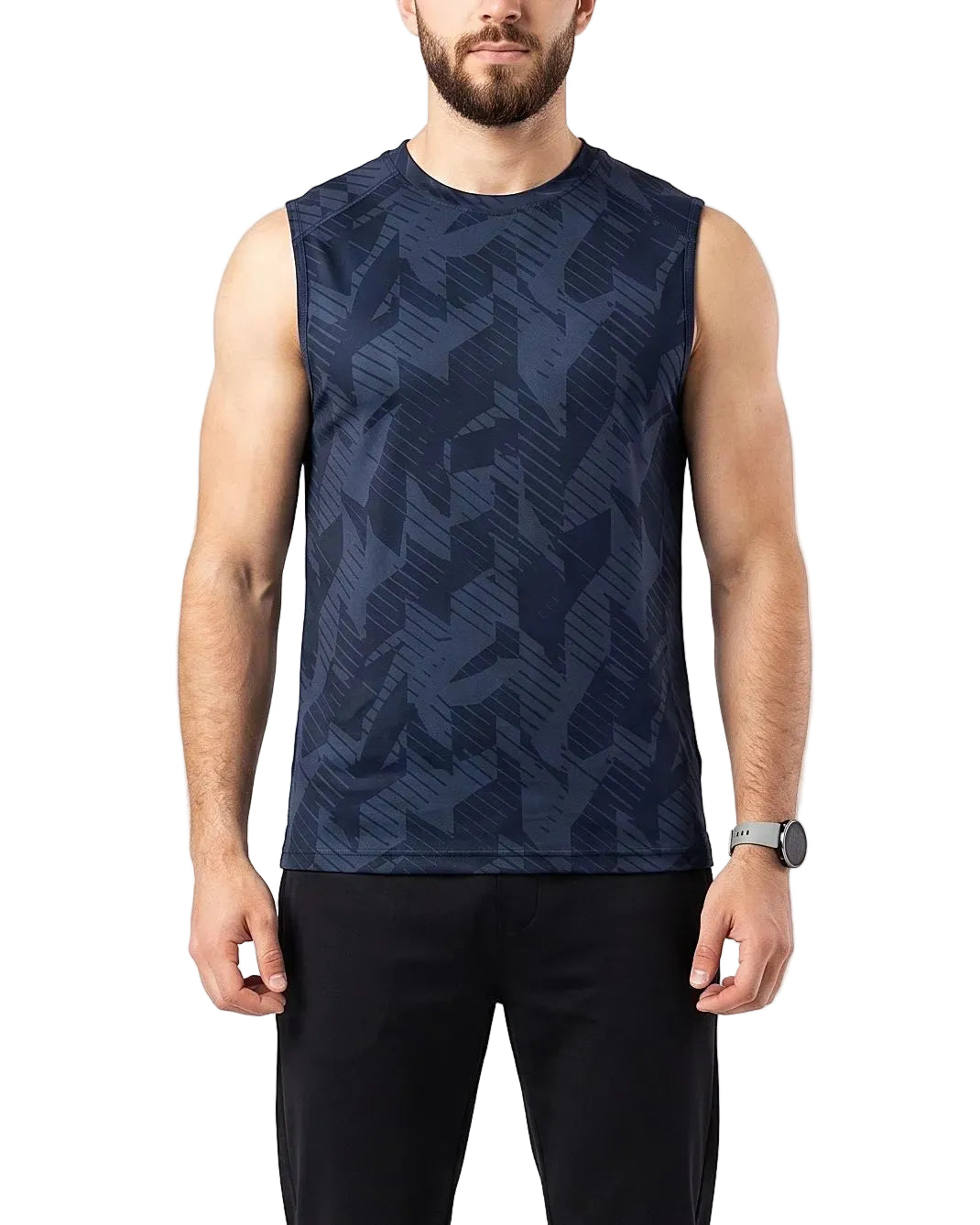 Front view of a men's printed dark blue geometric athletic tank top in a regular fit by TREE.