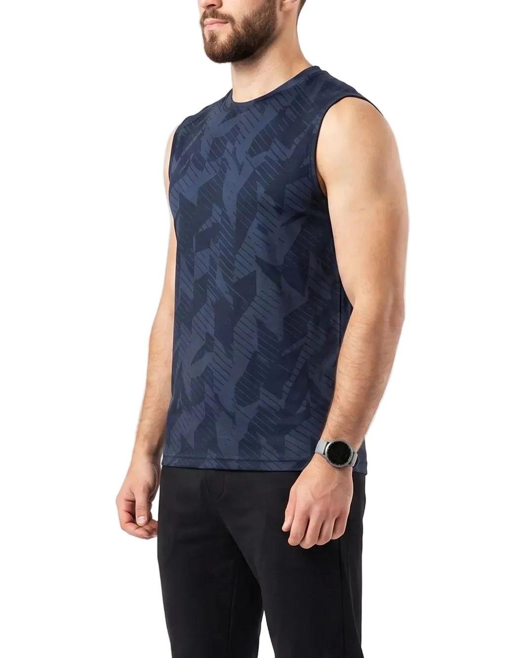 Front view of a men's printed dark blue geometric athletic tank top in a regular fit by TREE.
