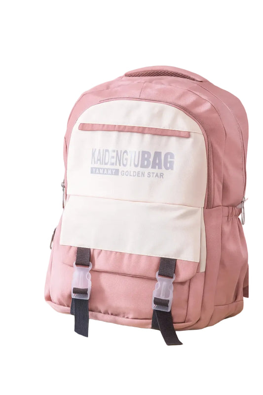Front view of a pink and beige size 16 school backpack.