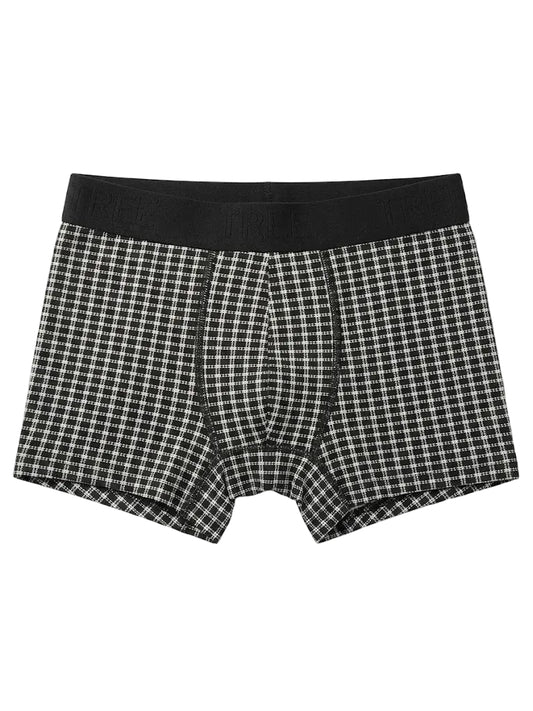Front view of men's checked pattern cotton-lycra boxer briefs featuring an elastic waistband by TREE.