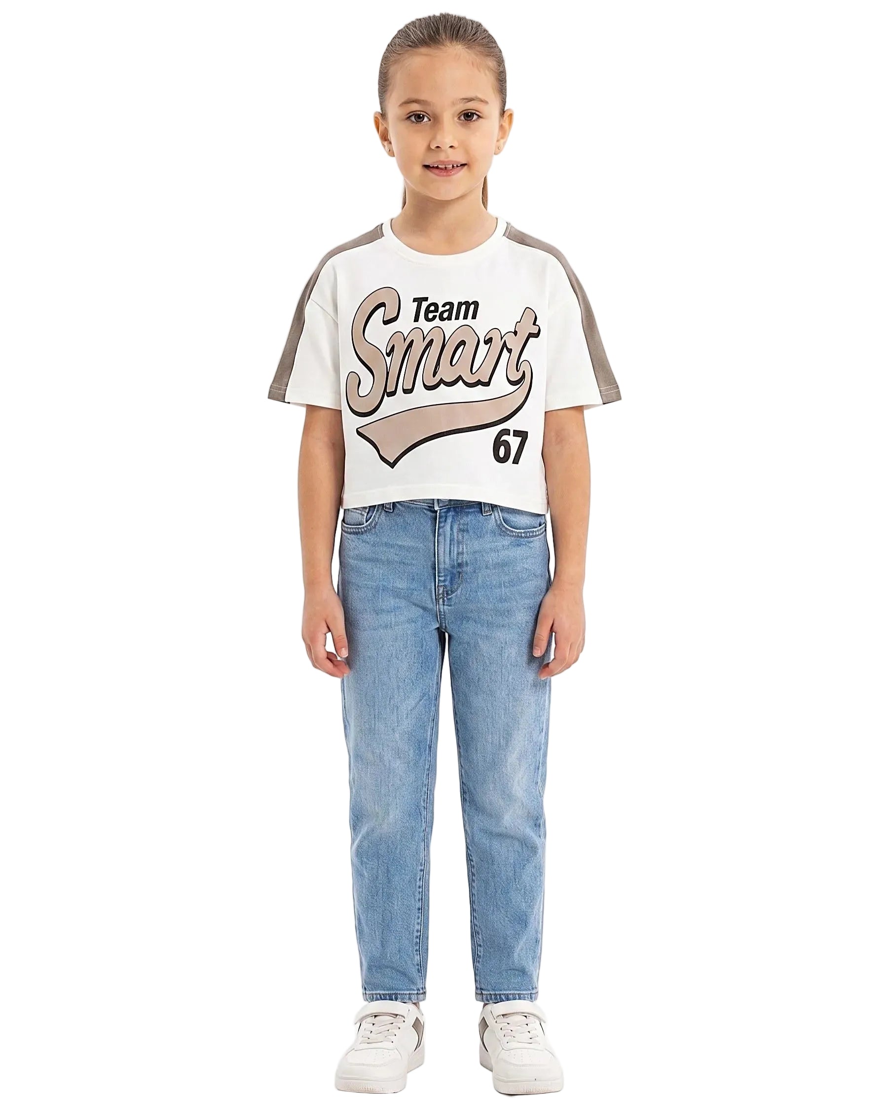 Front view of a girls' graphic printed t-shirt featuring "Team Smart 67" and contrast shoulders in a regular fit by TREE.