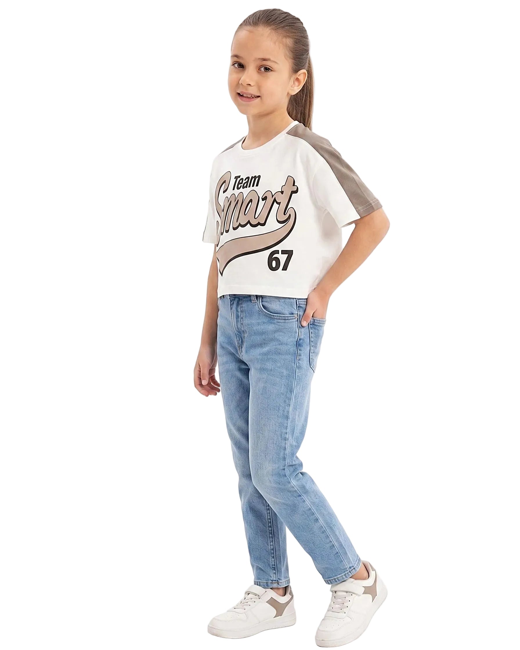 Front view of a girls' graphic printed t-shirt featuring "Team Smart 67" and contrast shoulders in a regular fit by TREE.