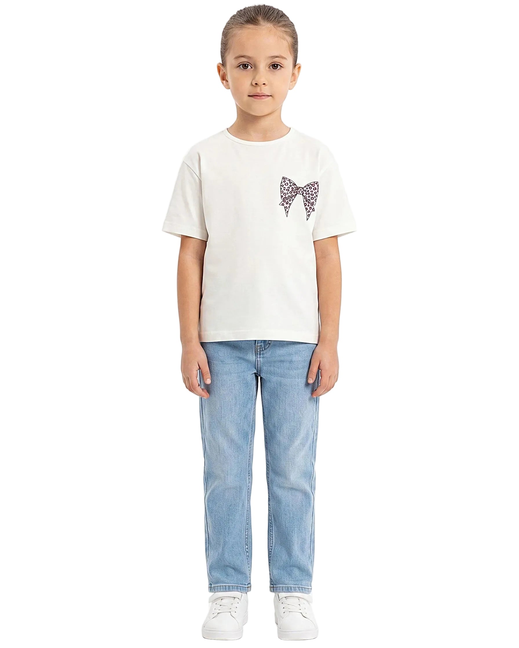 Back view of a girls' regular-fit t-shirt featuring a large bow graphic on the back by TREE.