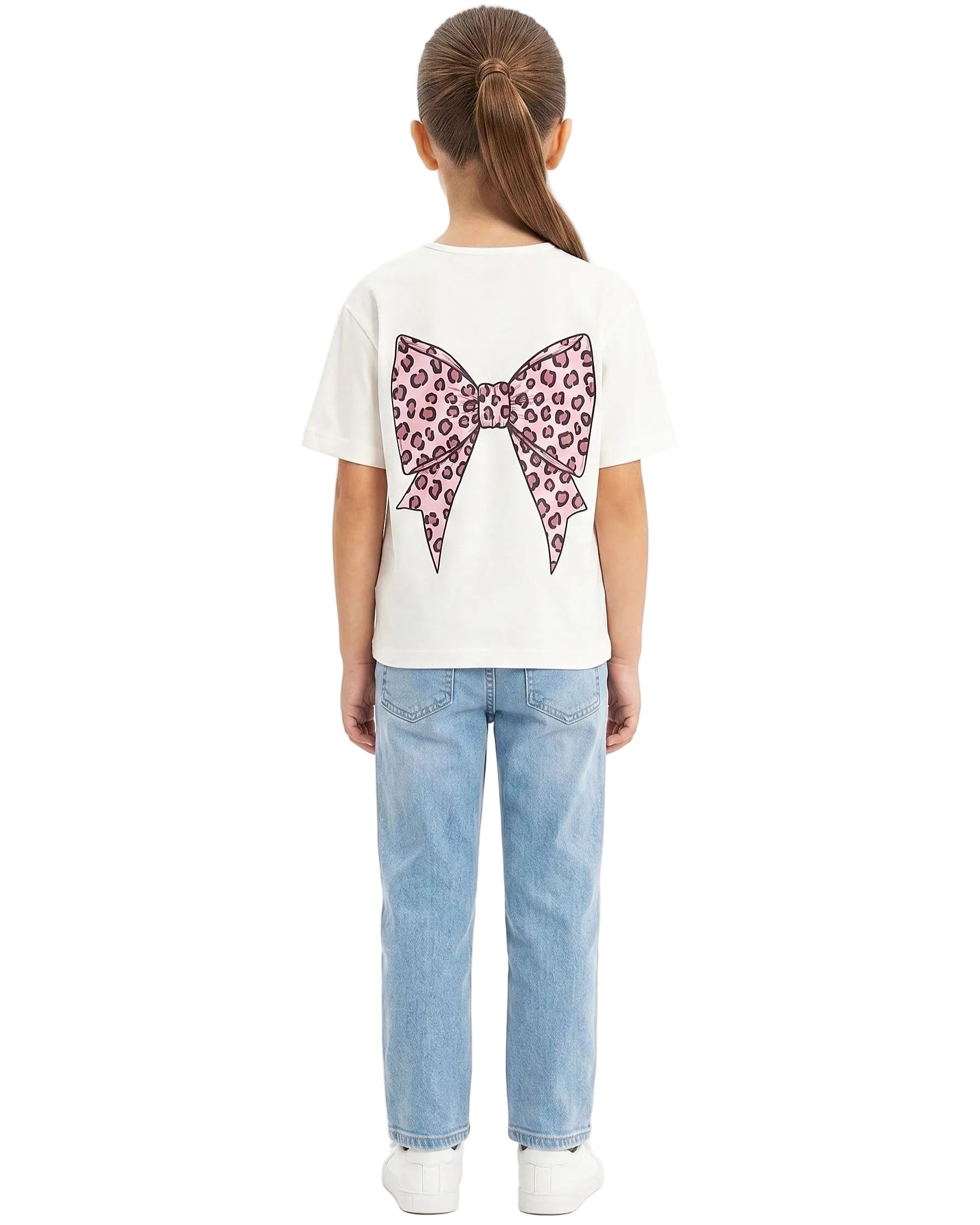 Back view of a girls' regular-fit t-shirt featuring a large bow graphic on the back by TREE.