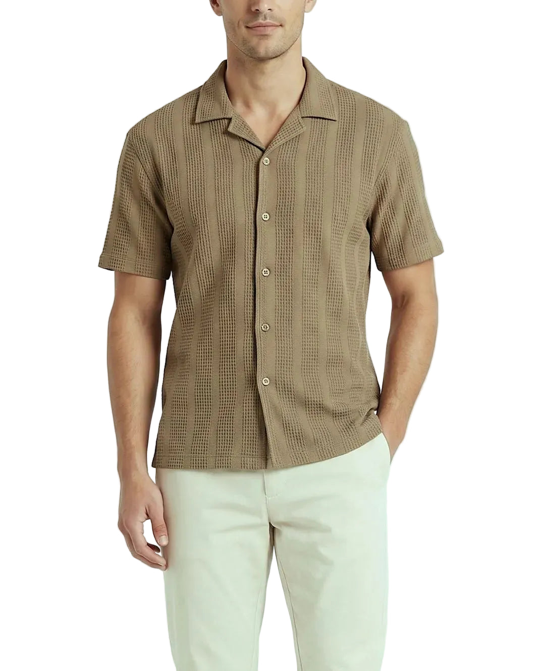 Front view of a men's white striped casual shirt featuring a camp collar and textured fabric in a regular fit by TREE.