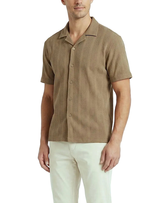 Front view of a men's white striped casual shirt featuring a camp collar and textured fabric in a regular fit by TREE.