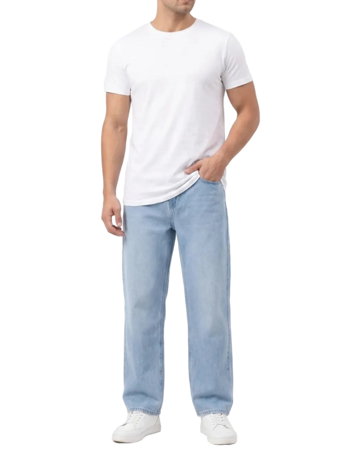 Front view of a man wearing light blue wide-leg jeans by TREE.