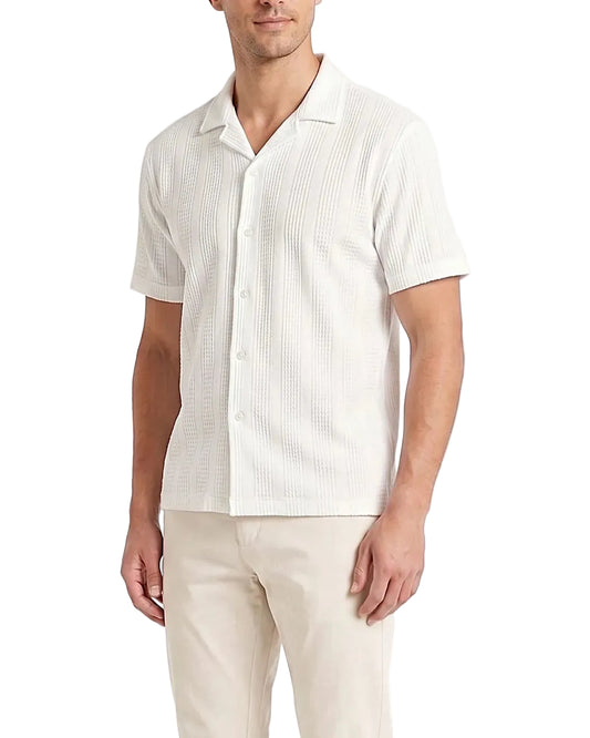 Front view of a men's white striped casual shirt featuring a camp collar and textured fabric in a regular fit by TREE.