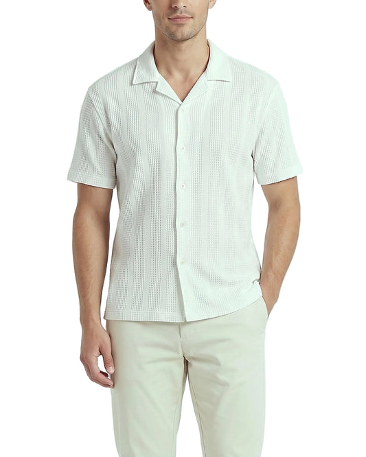 Front view of a men's white striped casual shirt featuring a camp collar and textured fabric in a regular fit by TREE.