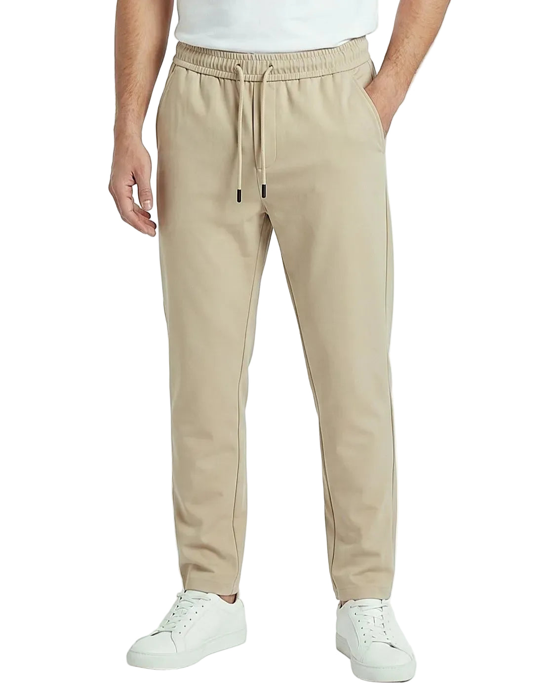Back view of a men's beige regular-fit sarouel pants featuring an elastic waistband and structured pockets by TREE.