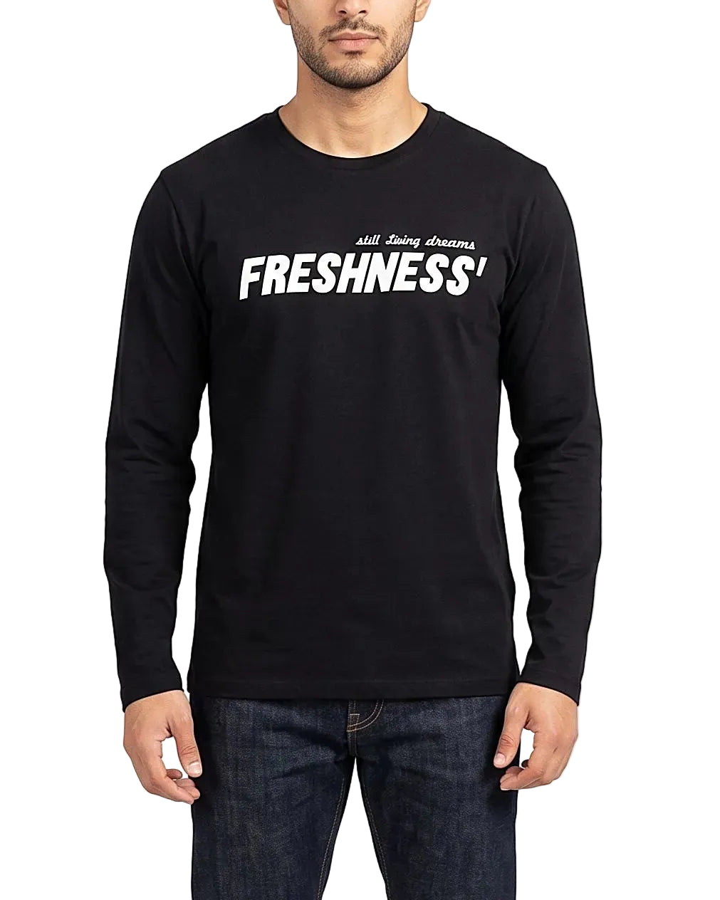 Front view of a men's black long sleeve 100% cotton t-shirt featuring a "FRESHNESS" graphic print by TREE.