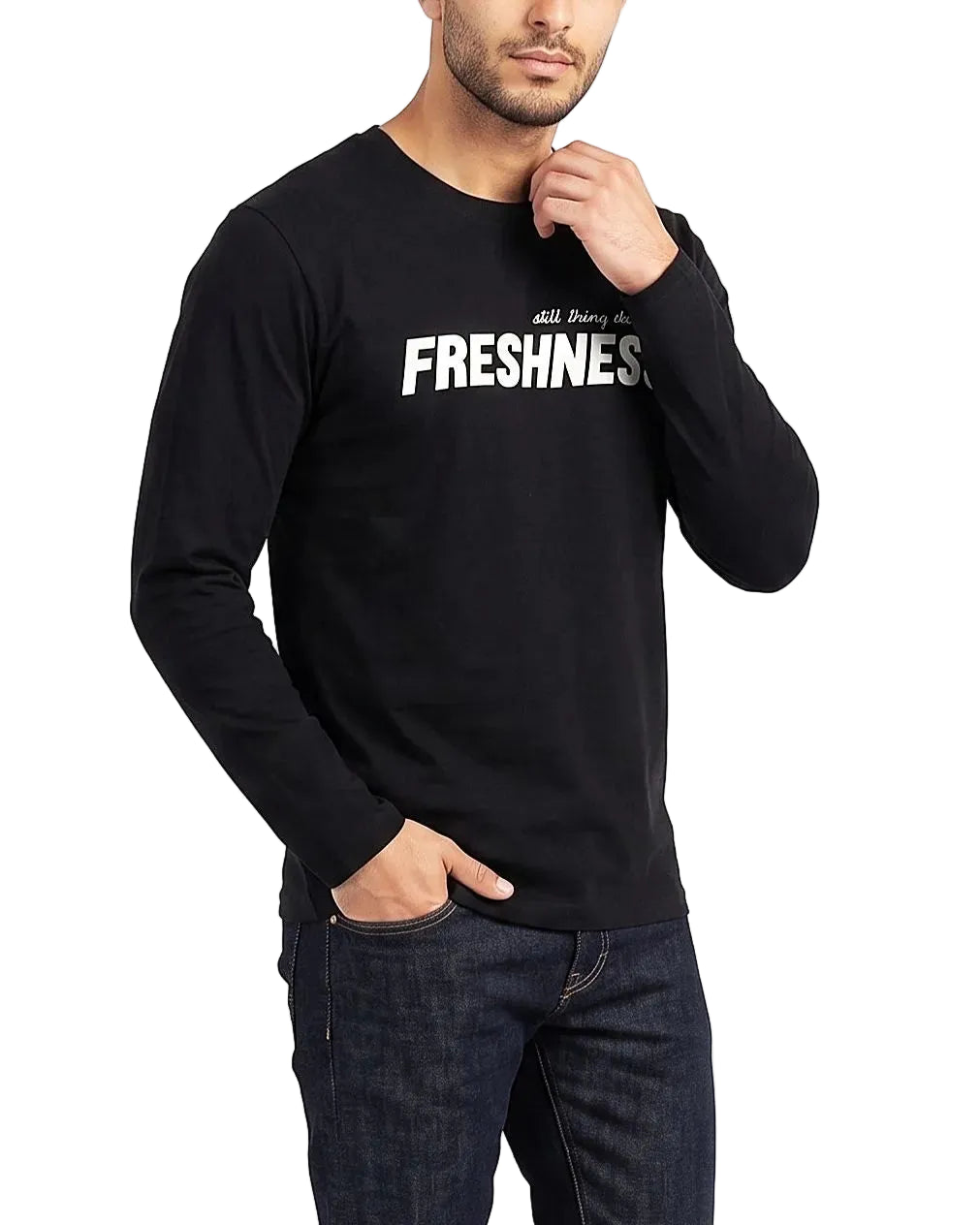 Front view of a men's black long sleeve 100% cotton t-shirt featuring a "FRESHNESS" graphic print by TREE.
