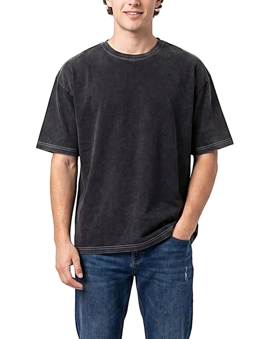 Front view of a men's washed charcoal black box fit t-shirt featuring contrast stitching by TREE.