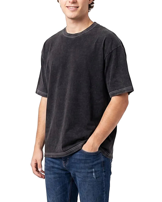 Front view of a men's washed charcoal black box fit t-shirt featuring contrast stitching by TREE.