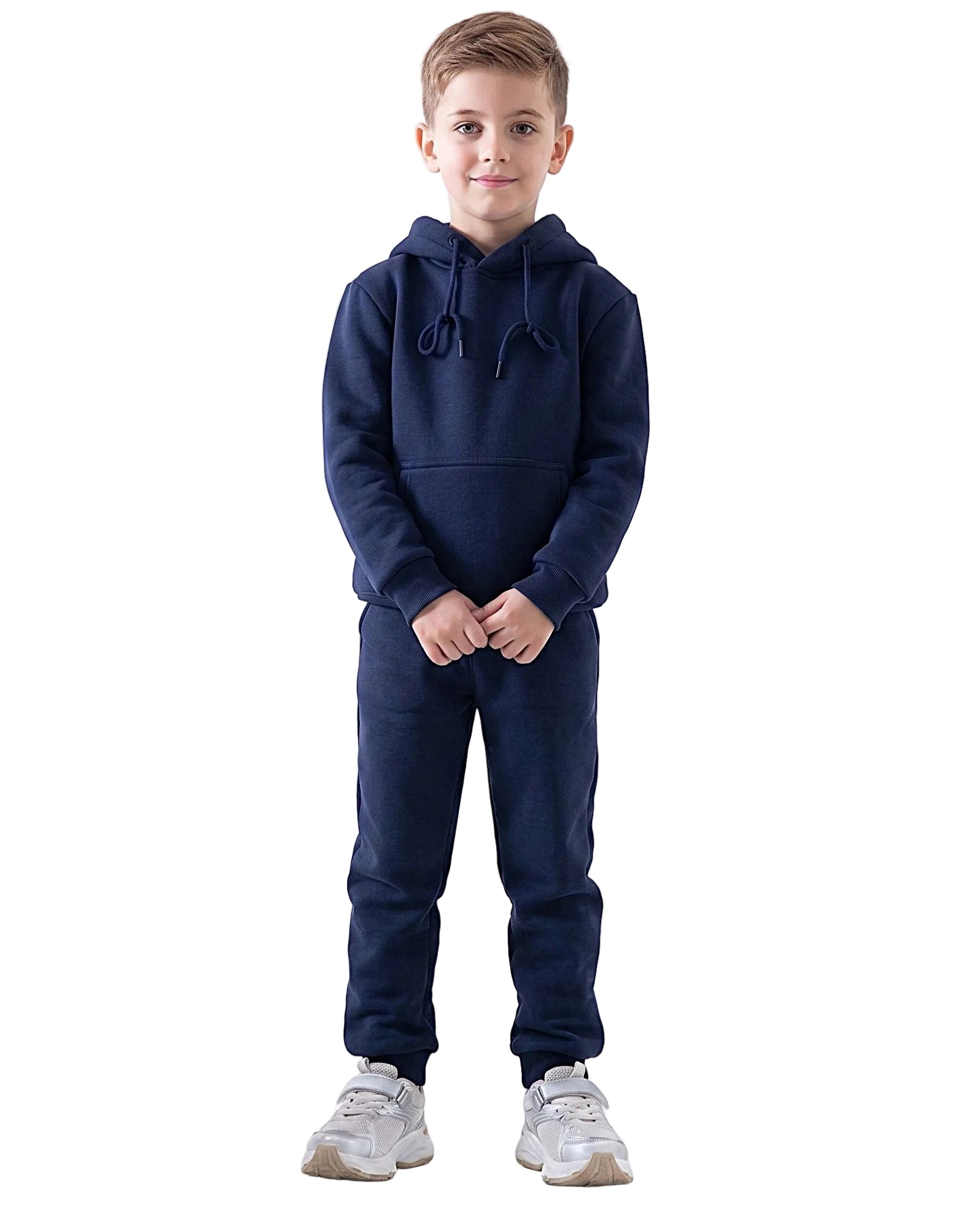 Front view of a boy wearing navy pants in a relaxed fit by TREE.