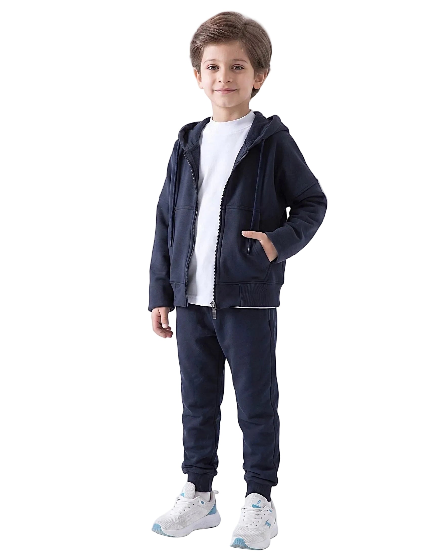 Front view of a boy wearing a dark navy kids' oversized zip hoodie jacket by TREE.