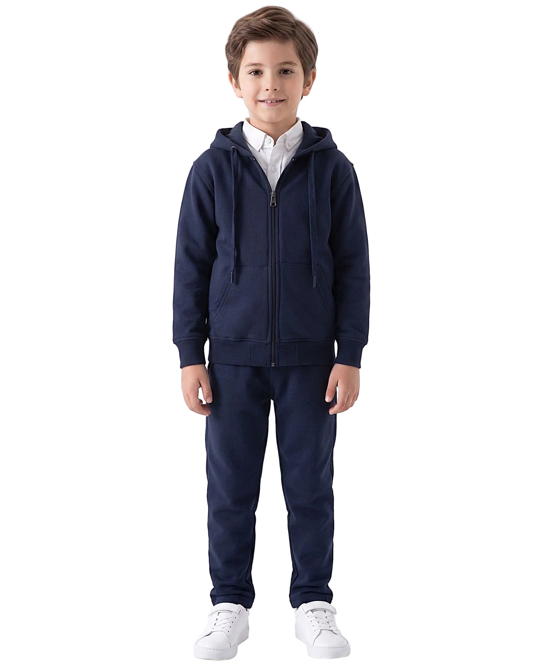 Front view of a boy wearing a navy milton full-zip hoodie in a relaxed fit by TREE.