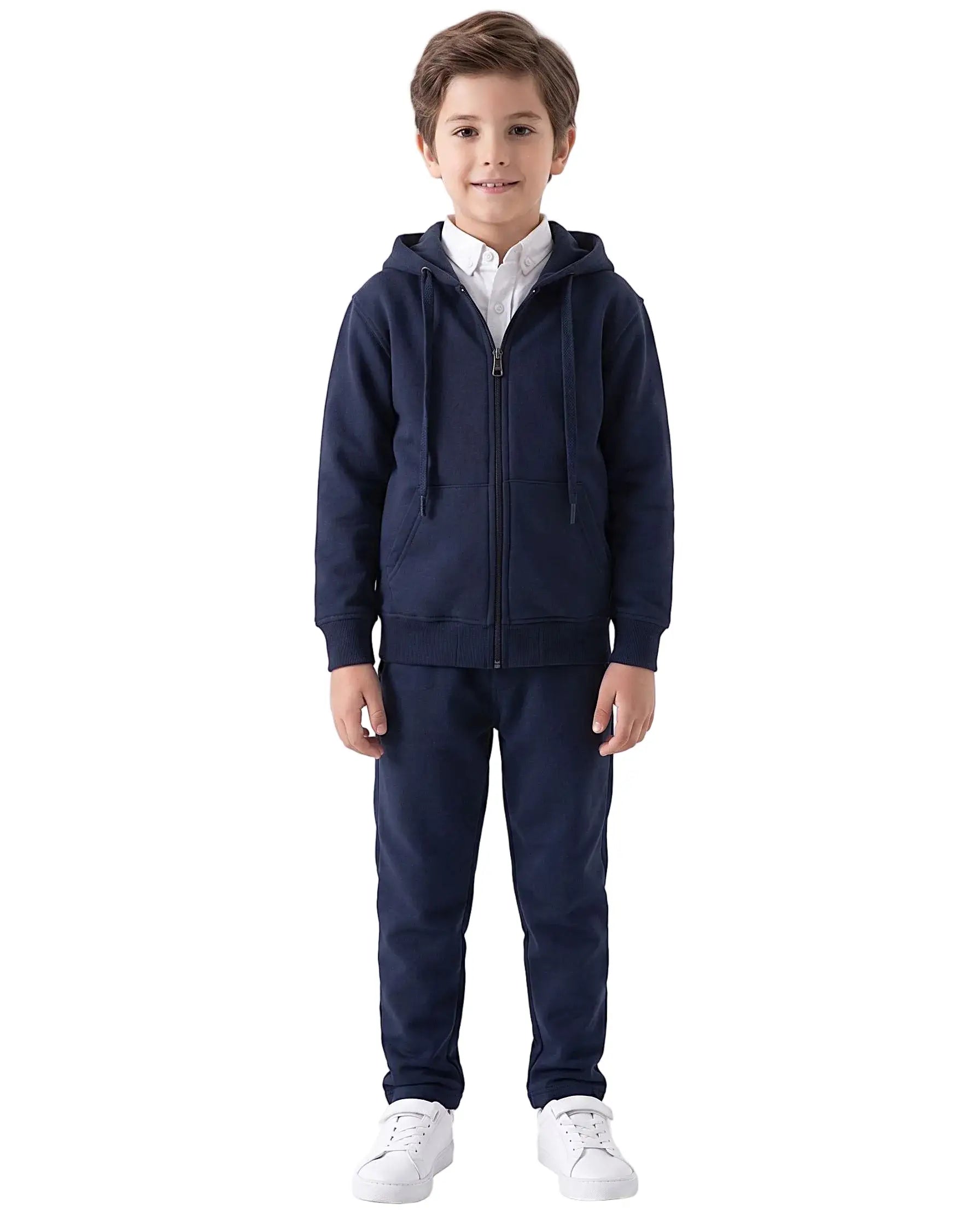 Boy modeling a Kids' Navy Milton Zip Hoodie and matching sweatpants
