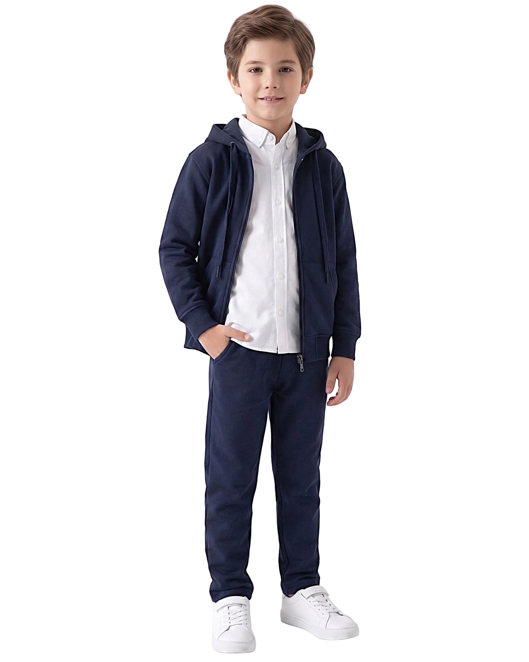 Front view of a boy wearing a navy milton full-zip hoodie in a relaxed fit by TREE.
