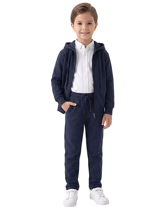 Young girl modeling an open Girls' Navy Milton Zip Hoodie over a white shirt, with matching sweatpants