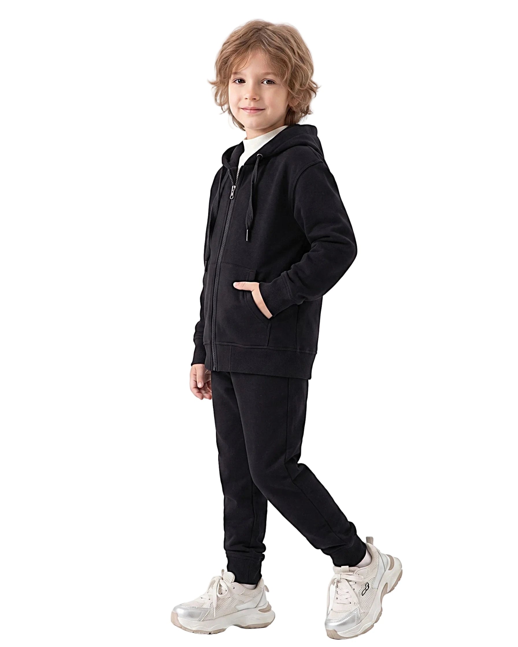 Boy modeling a Kids' Black Milton Zip Hoodie and matching sweatpants - Relaxed Fit