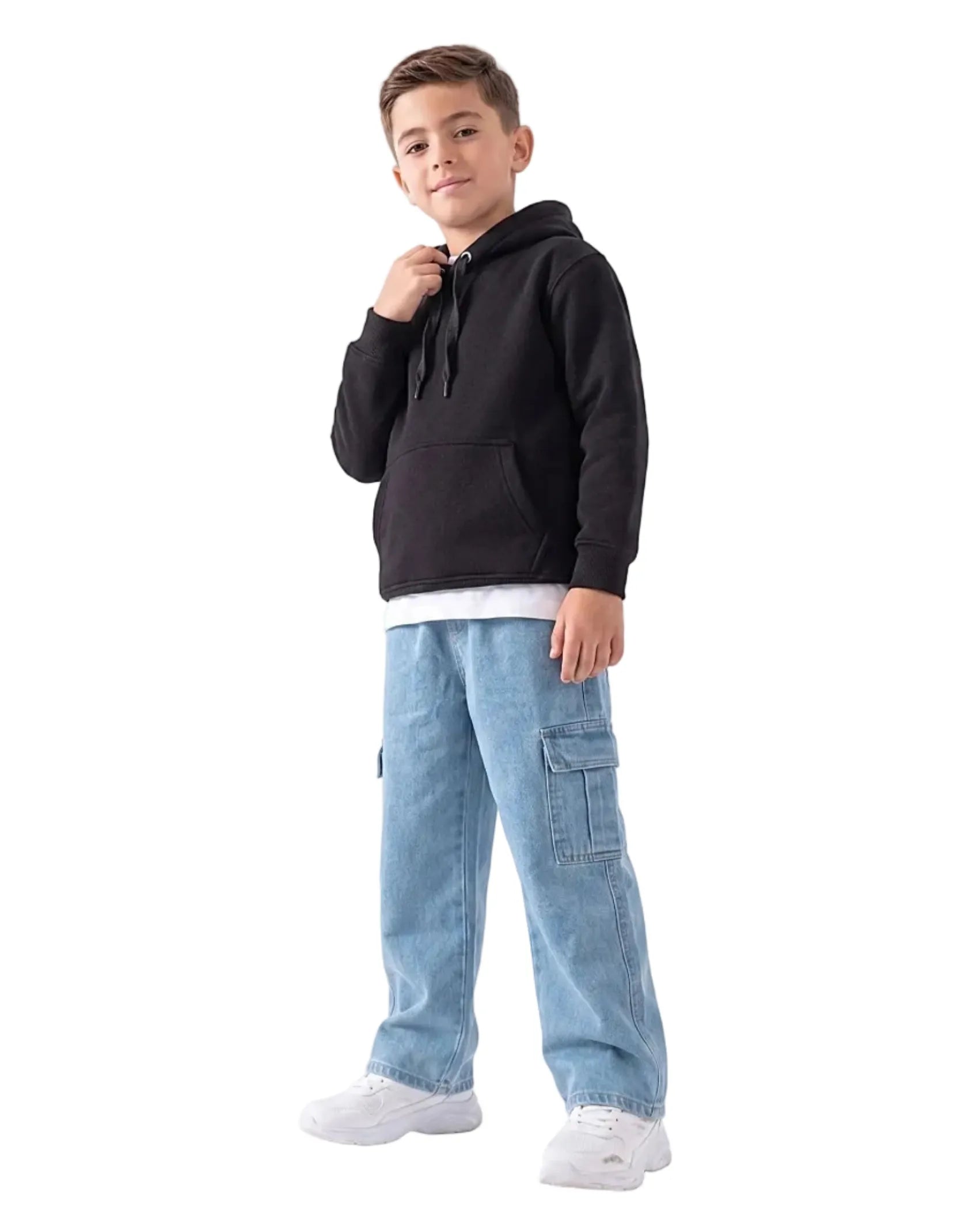 Multiple views of a boy wearing a boys' milton black hoodie (65% cotton & 35% polyester) featuring a hood and front pockets by TREE.