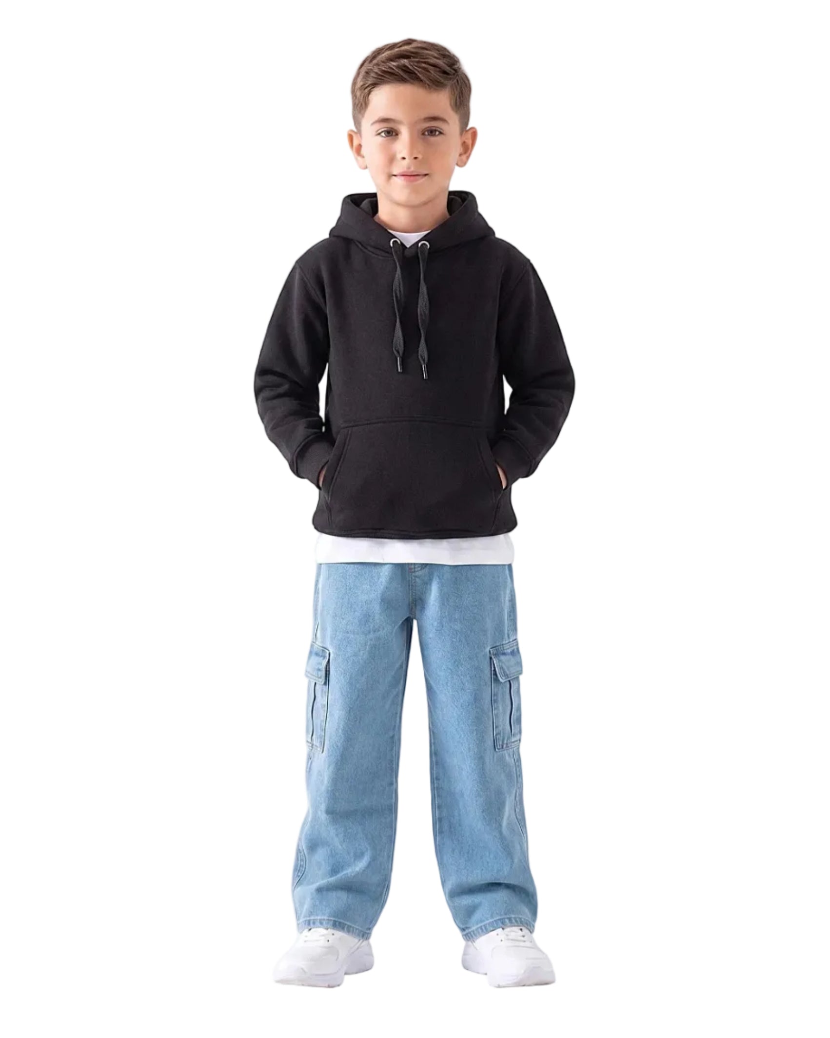Front view of a boy wearing a black milton hoodie in a relaxed fit by TREE.